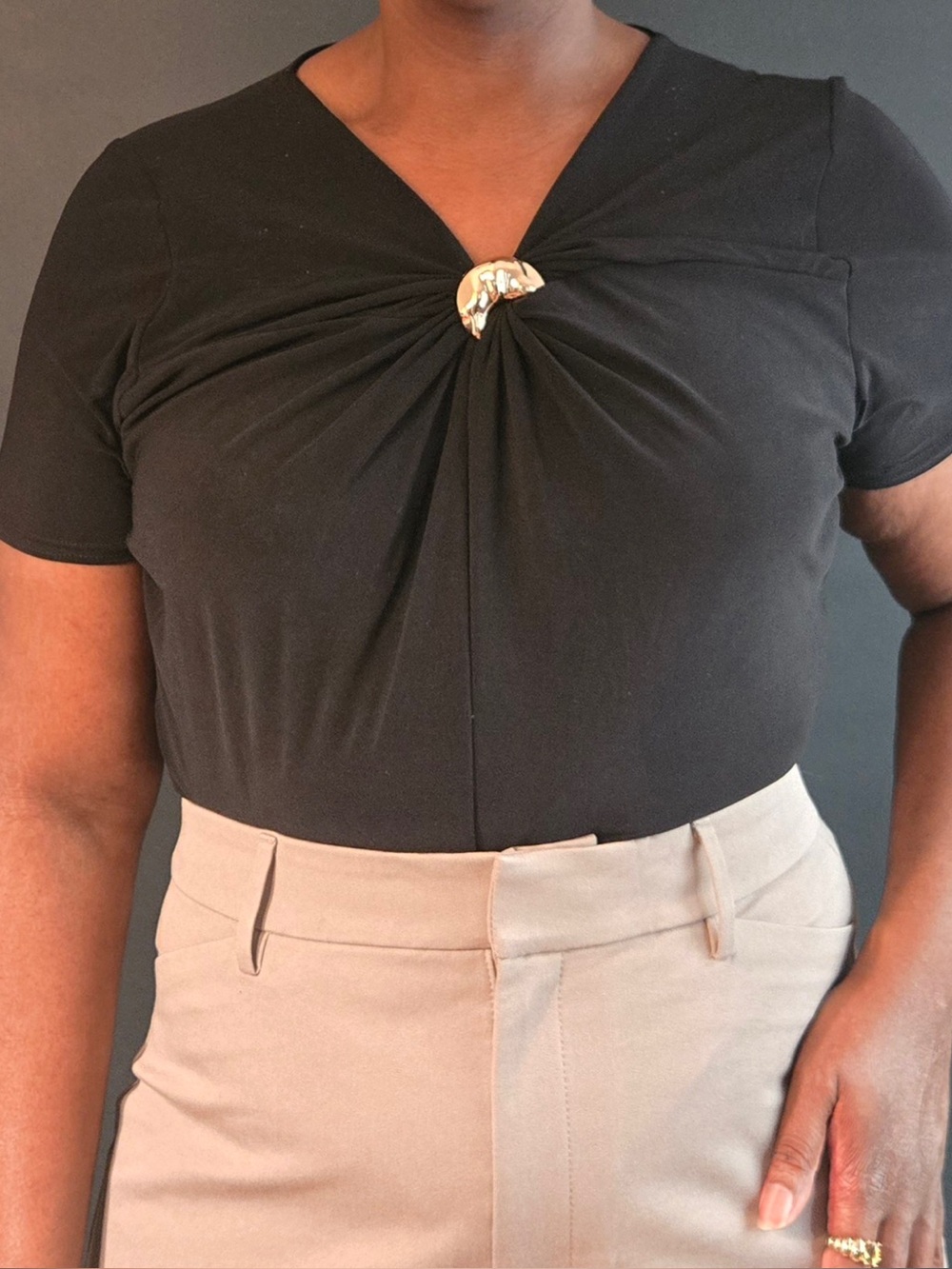 boohoo | plus gold trim twist front bodysuit | v-neck | short sleeve | us 18
